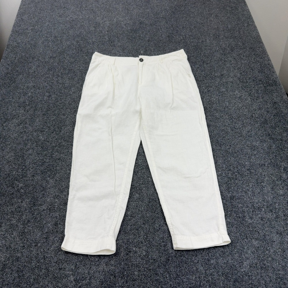 Fat Face Pants Womens 8 White Linen Cotton Pleated Cropped Trousers Coastal